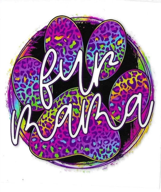Colorful paw print with 'fur mama' text on a white background