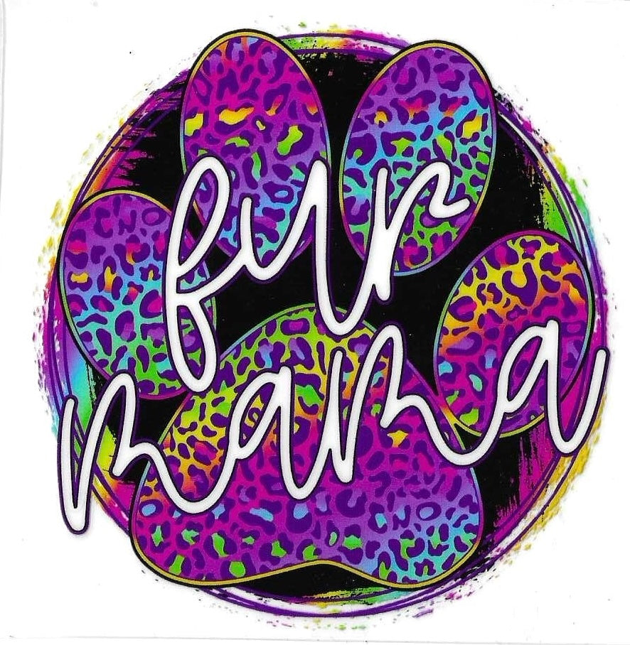 Colorful paw print with 'fur mama' text on a white background