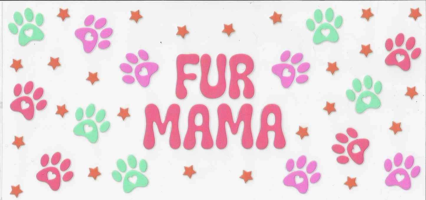 Decorative banner with 'FUR MAMA' text surrounded by paw prints and stars on a white background