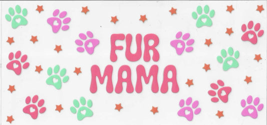 Decorative banner with 'FUR MAMA' text surrounded by paw prints and stars on a white background
