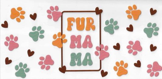 Decorative banner with 'FUR MA MA' text surrounded by paw prints on a white background
