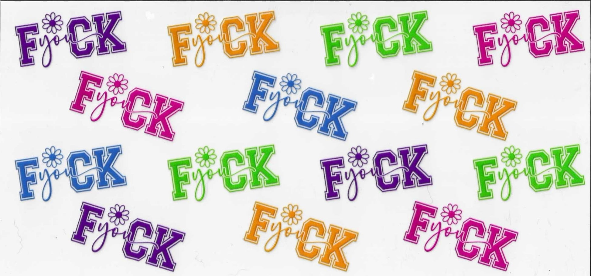 Colorful text pattern with the word 'F*ck' repeated on a white background