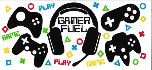 Gaming-themed design with controllers, headset, and colorful icons on a white background