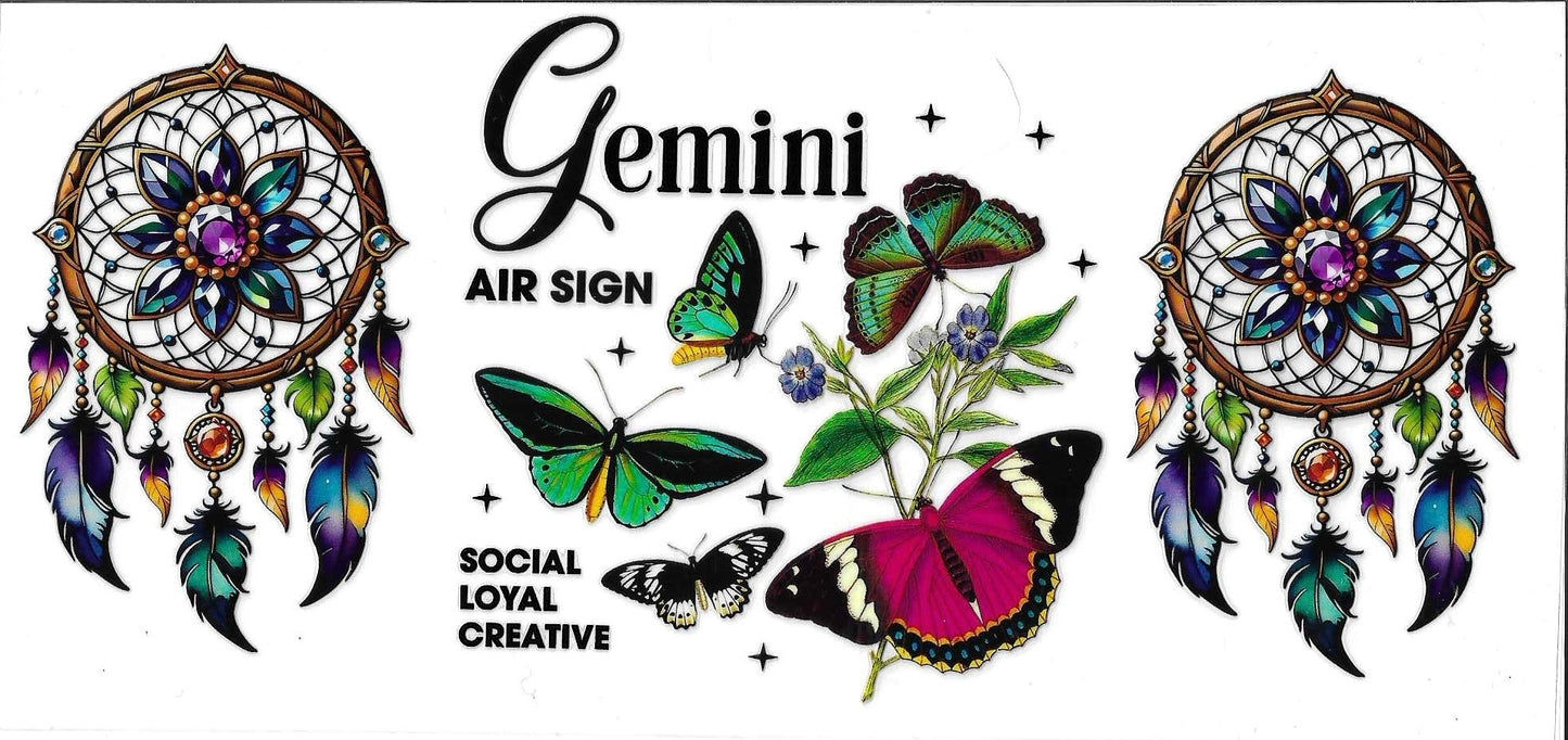 Zodiac sign Gemini illustration with dream catchers and butterflies on a white background