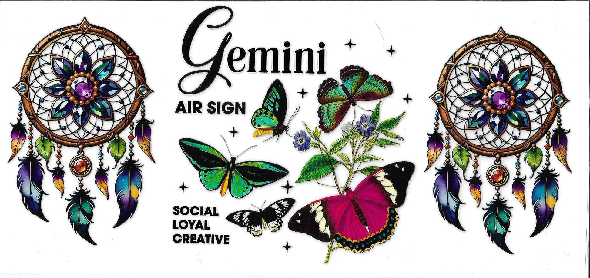 Zodiac sign Gemini illustration with dream catchers and butterflies on a white background