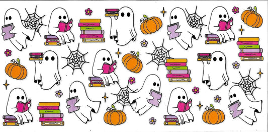 Halloween-themed pattern with ghosts, pumpkins, and books on a white background