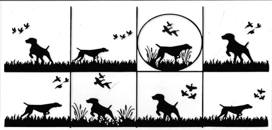 Silhouette design of a dog and birds in various poses on a white background
