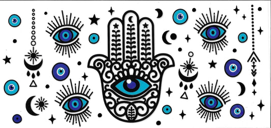 Decorative design with Hamsa hand, eyes, and celestial symbols on a white background