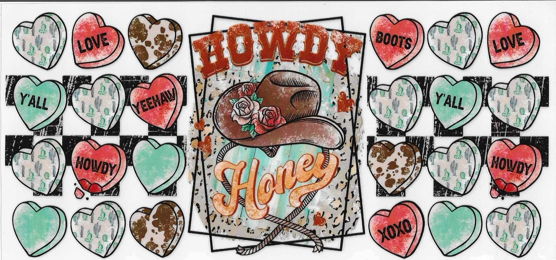 Decorative design with cowboy hat, 'Howdy Honey' text, and heart-shaped candies on a checkered background.