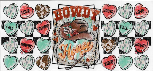 Decorative design with cowboy hat, 'Howdy Honey' text, and heart-shaped candies on a checkered background.