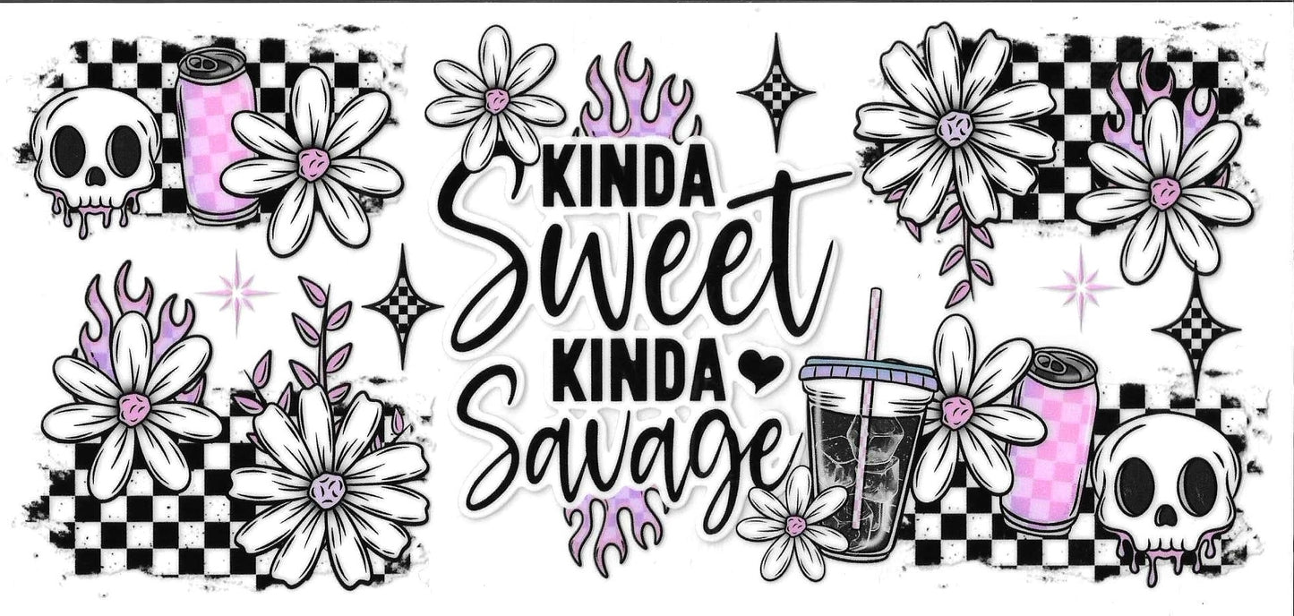 Decorative banner with floral designs, skulls, and text 'Kinda Sweet Kinda Savage' on a checkered background.
