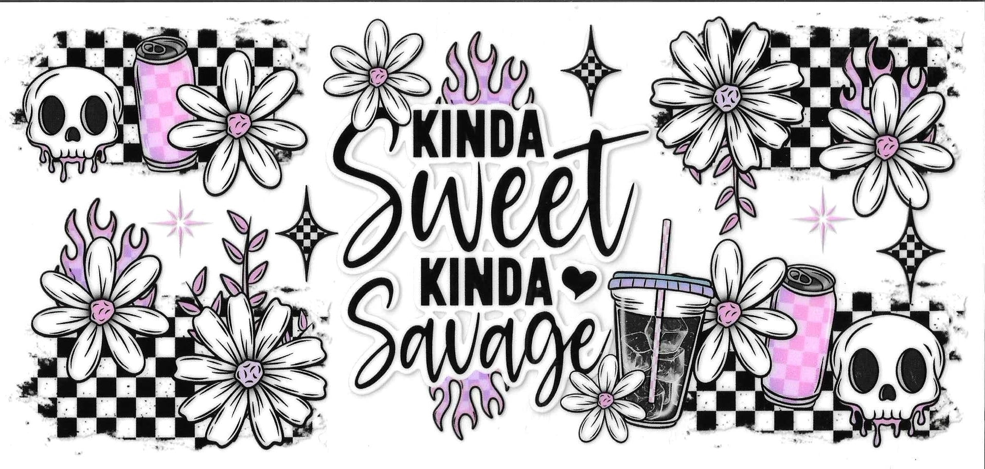 Decorative banner with floral designs, skulls, and text 'Kinda Sweet Kinda Savage' on a checkered background.
