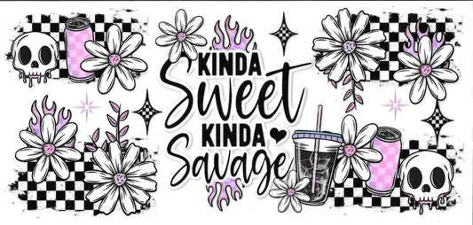 Decorative banner with floral designs, skulls, and text 'Kinda Sweet Kinda Savage' on a checkered background.