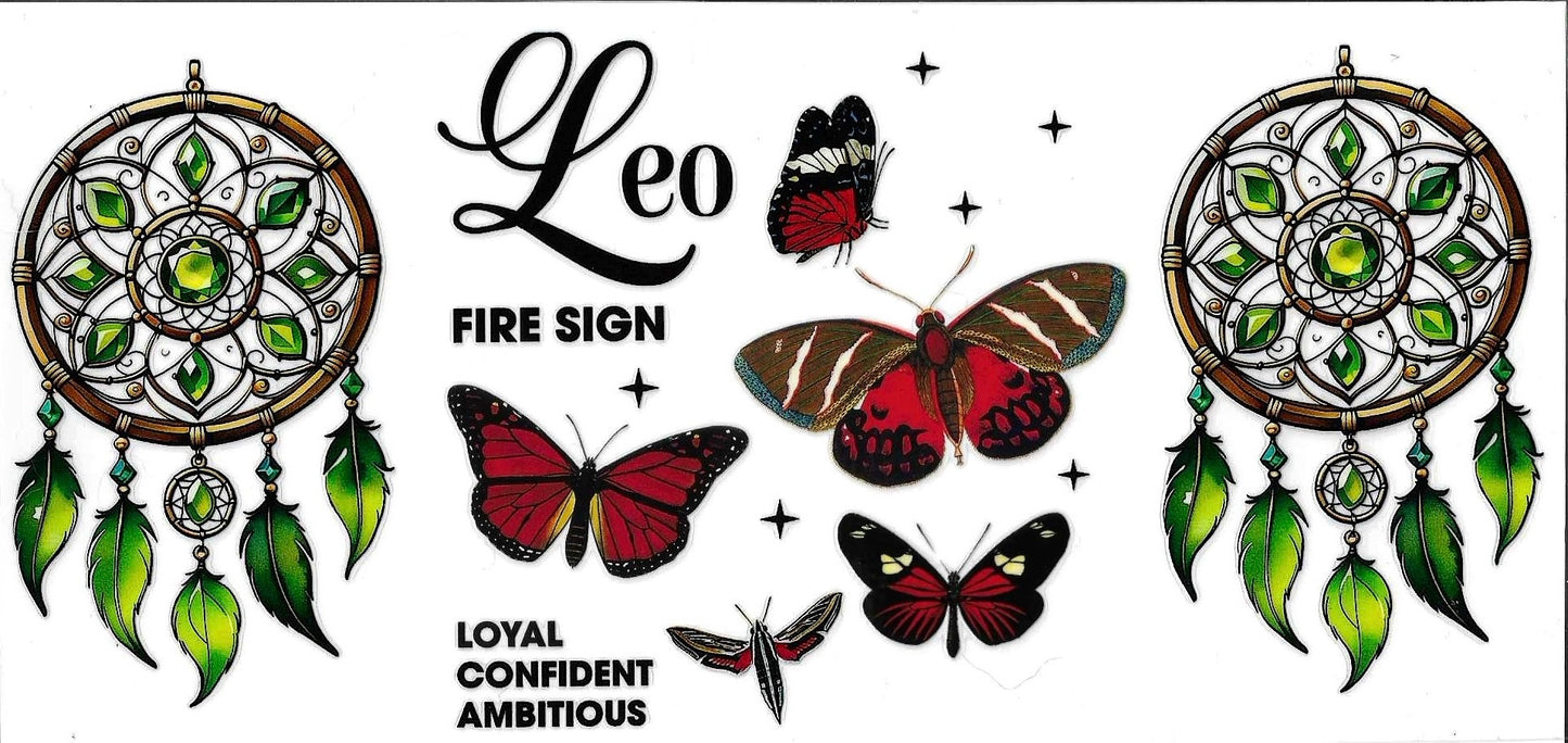 Leo fire sign design with dreamcatchers and butterflies on a white background