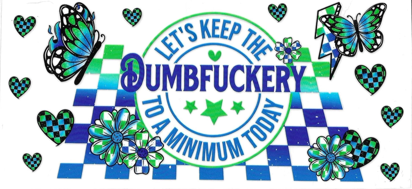 Decorative banner with butterflies, hearts, flowers, and text on a blue and green checkered background.