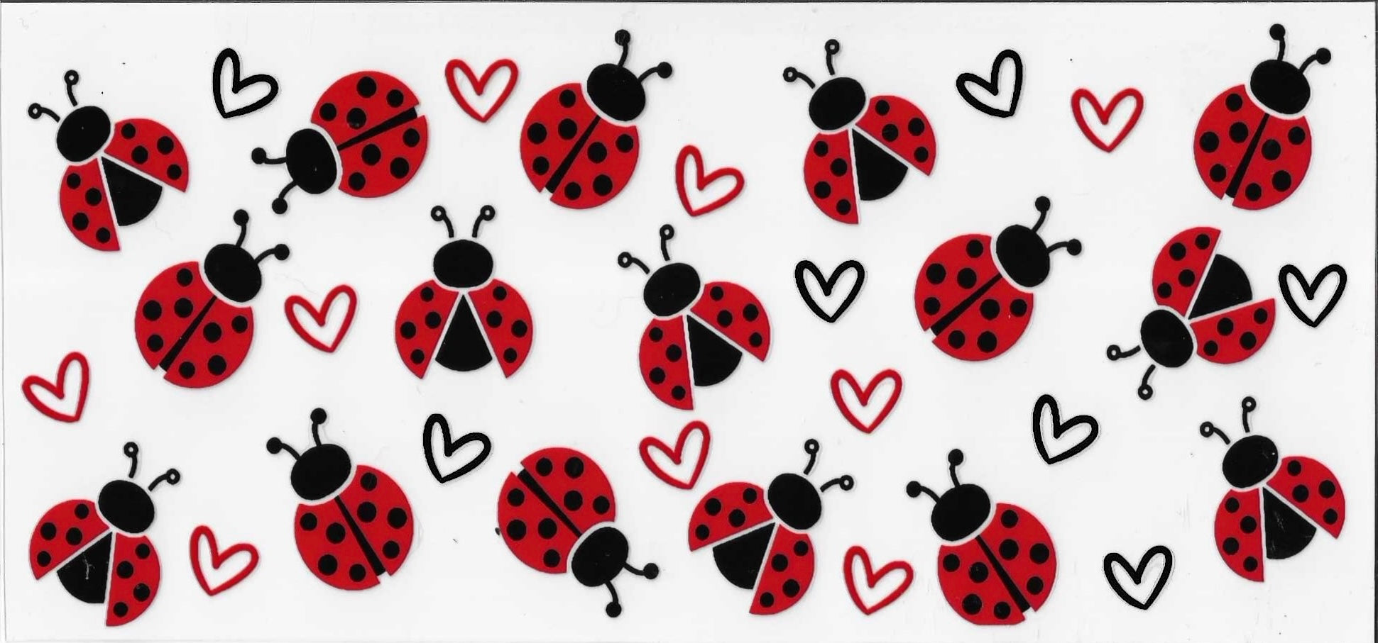 Pattern of red and black ladybugs with hearts on a white background