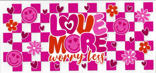 Decorative banner with 'Love more worry less' text surrounded by smiley faces, hearts, and flowers on a pink checkered background.
