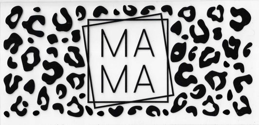 Leopard print pattern with 'MAMA' text in the center on a white background