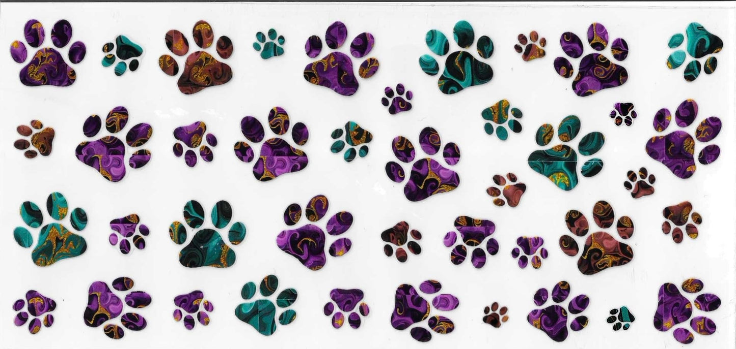 Colorful paw print pattern on a white background