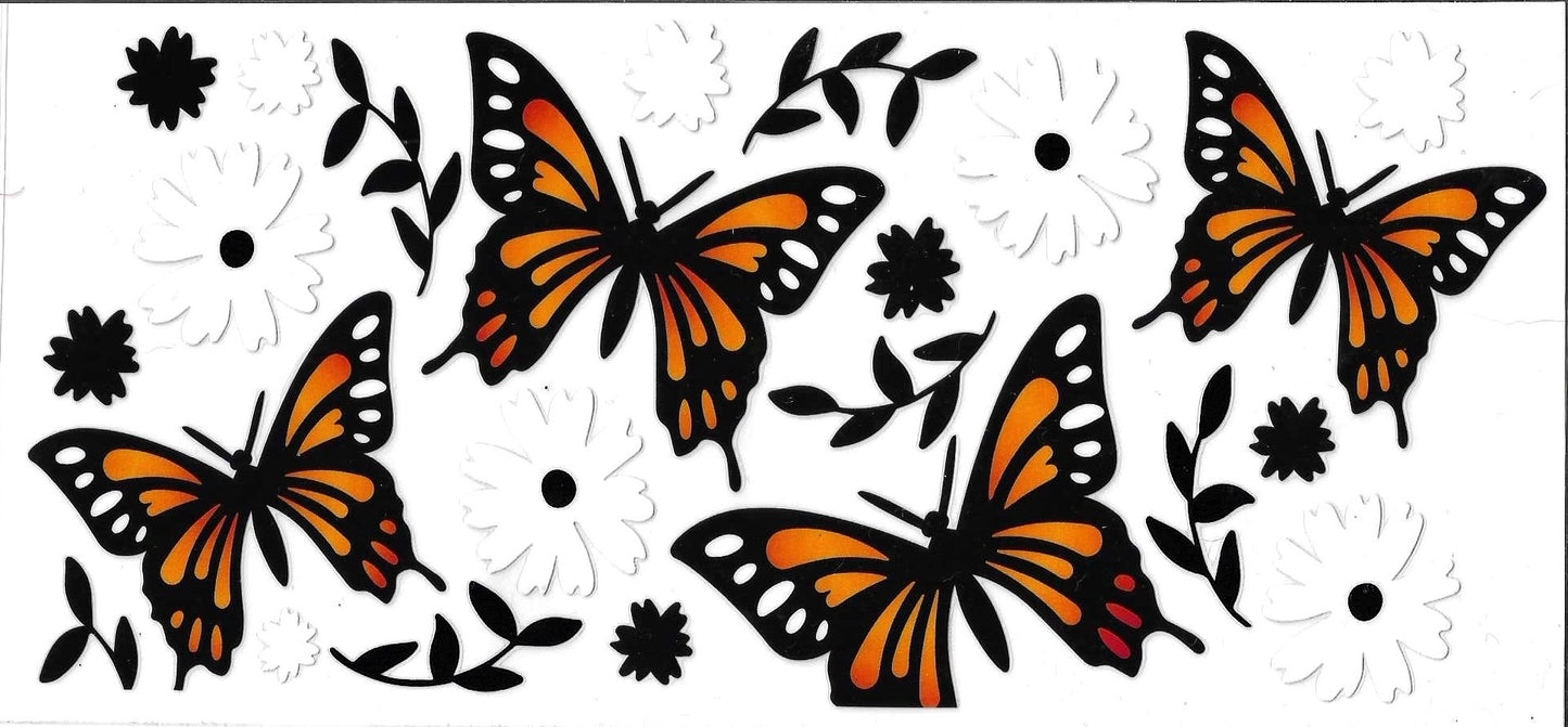 Butterfly decals with orange and black wings on a white background