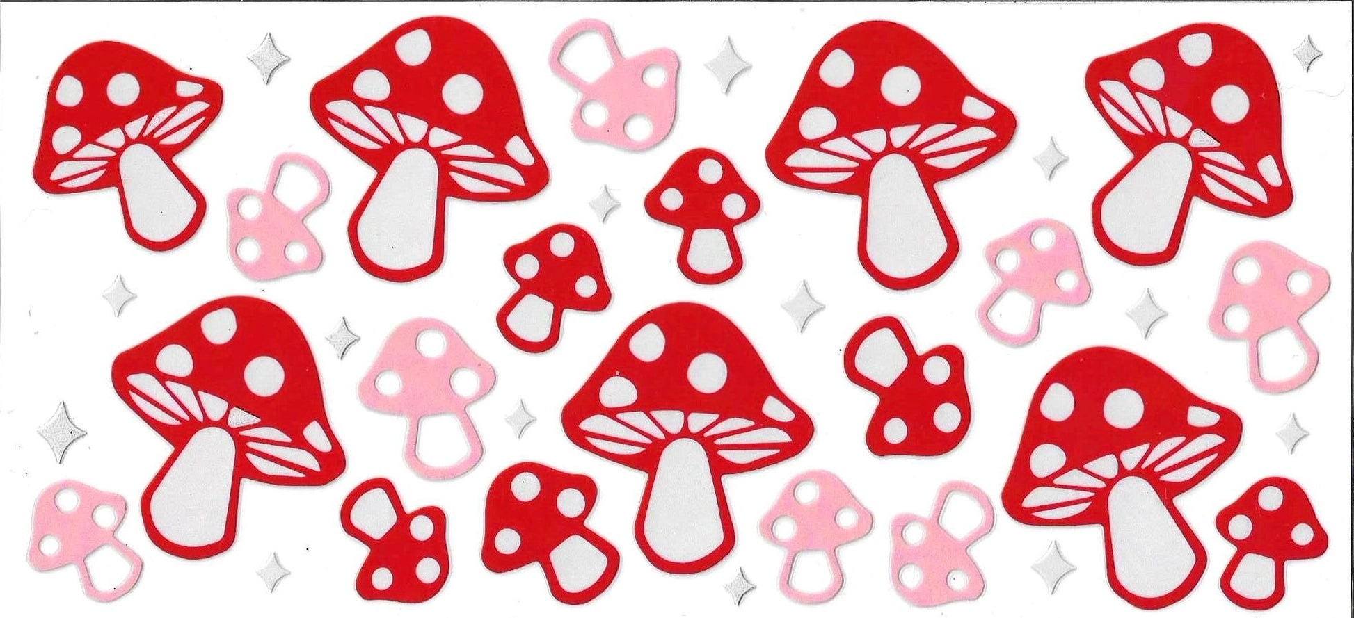 Red and pink mushroom illustrations on a white background