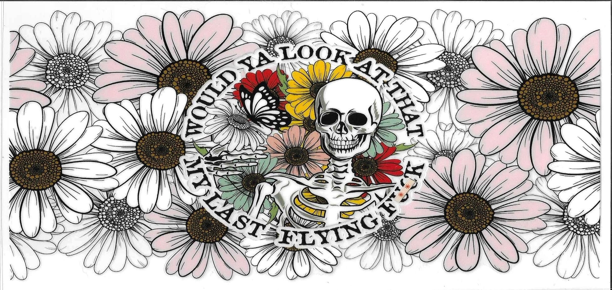 Skeletal design with flowers and text surrounded by daisies