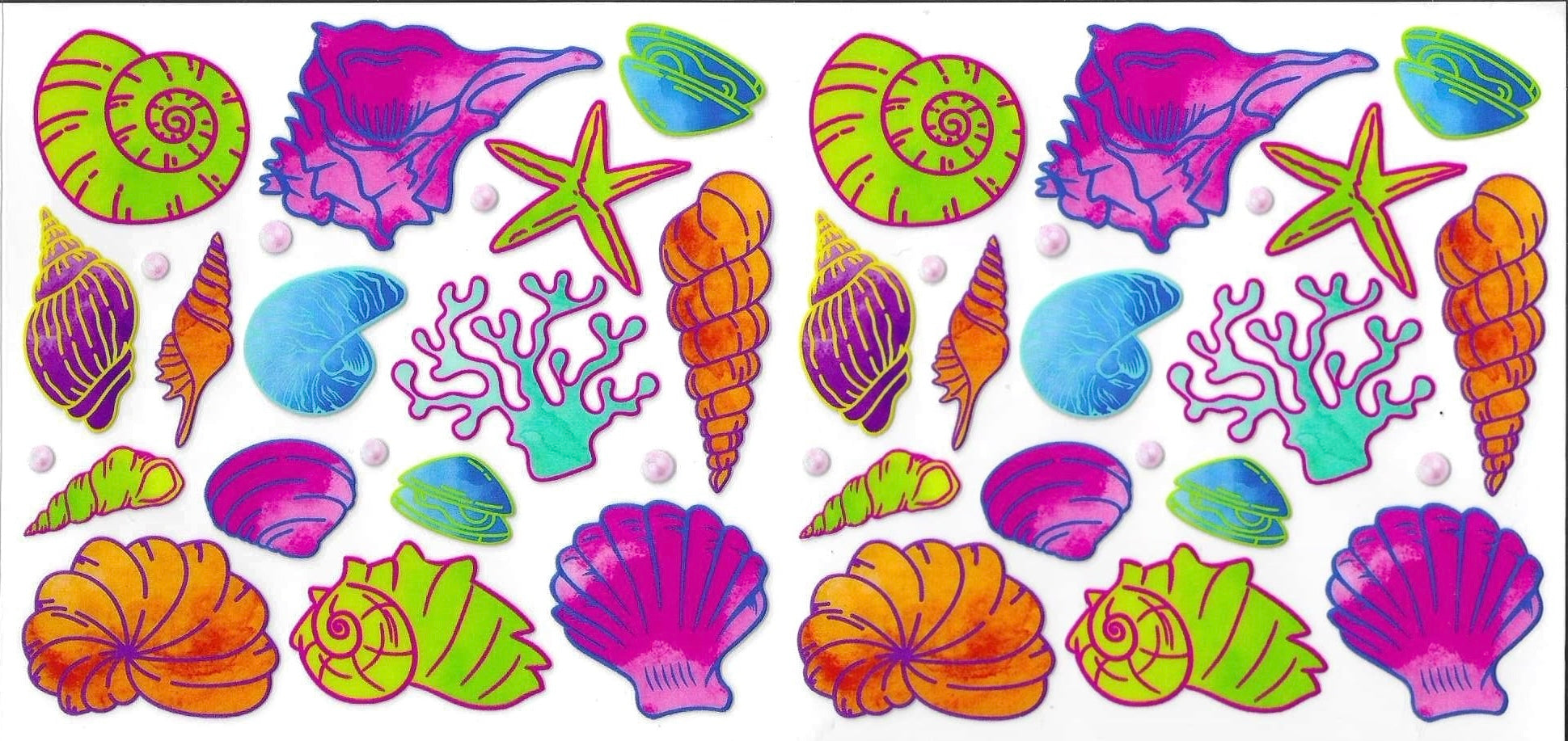Colorful sea-themed stickers with shells, corals, and starfish on a white background.