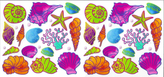 Colorful sea-themed stickers with shells, corals, and starfish on a white background.