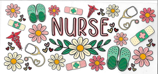 Decorative banner with 'NURSE' text surrounded by medical-themed illustrations and flowers.