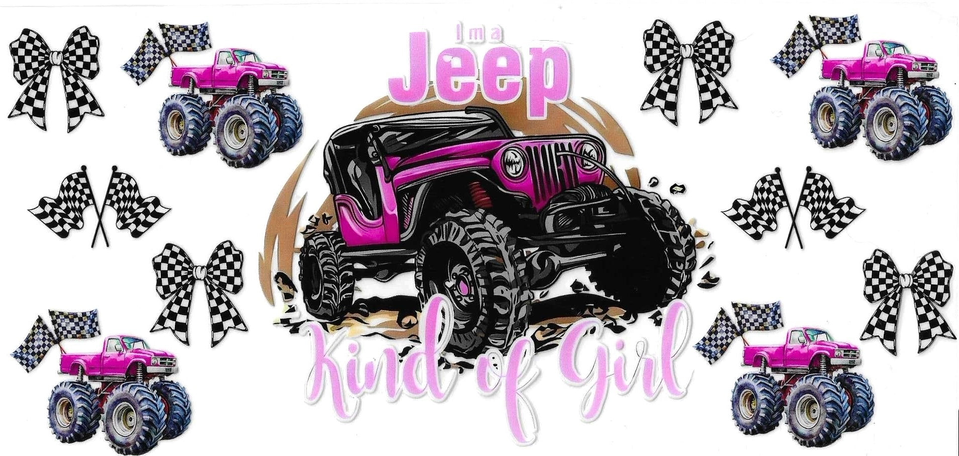 Pink and black monster truck design with text 'I'm a Jeep Kind of Girl' on a white background.