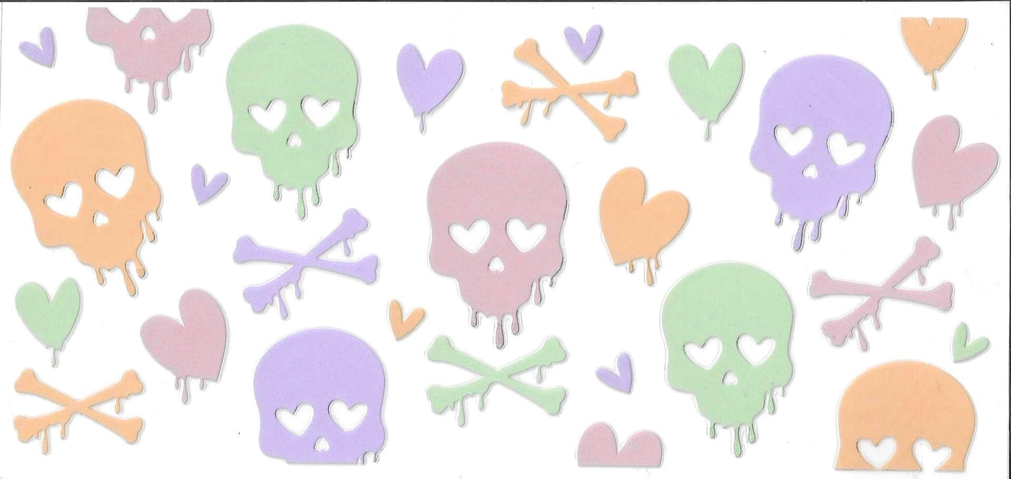 Pastel-colored skull and heart designs on a white background