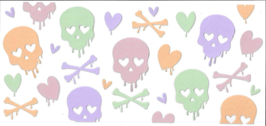 Pastel-colored skull and heart designs on a white background
