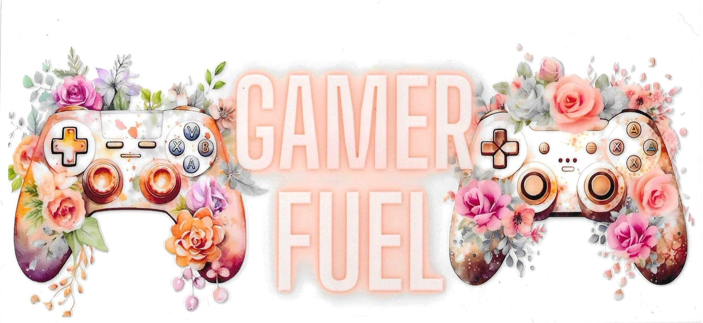 Decorative graphic with floral-themed gaming controllers and 'Gamer Fuel' text.
