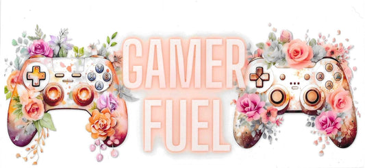 Decorative graphic with floral-themed gaming controllers and 'Gamer Fuel' text.