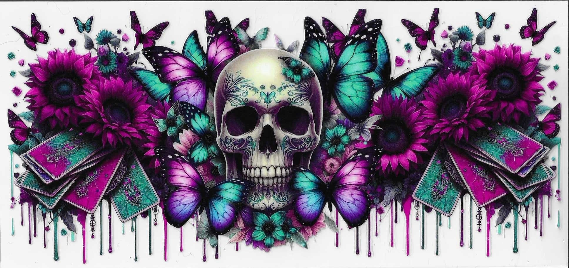 Skull surrounded by colorful flowers and butterflies with a dripping effect.