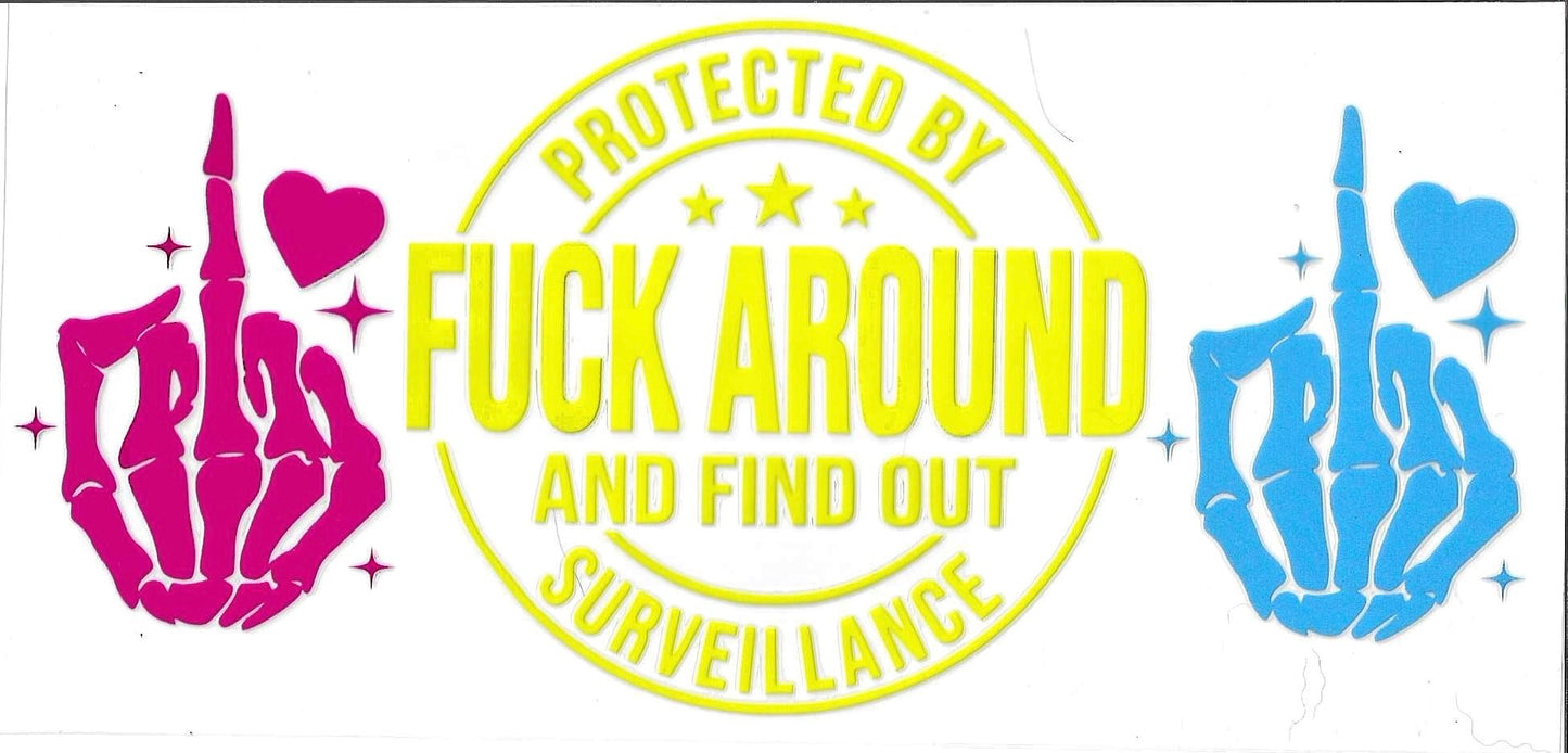 Stylized text 'PROTECTED BY FUCK AROUND AND FIND OUT SURVEILLANCE' with pink and blue hand symbols on a white background.