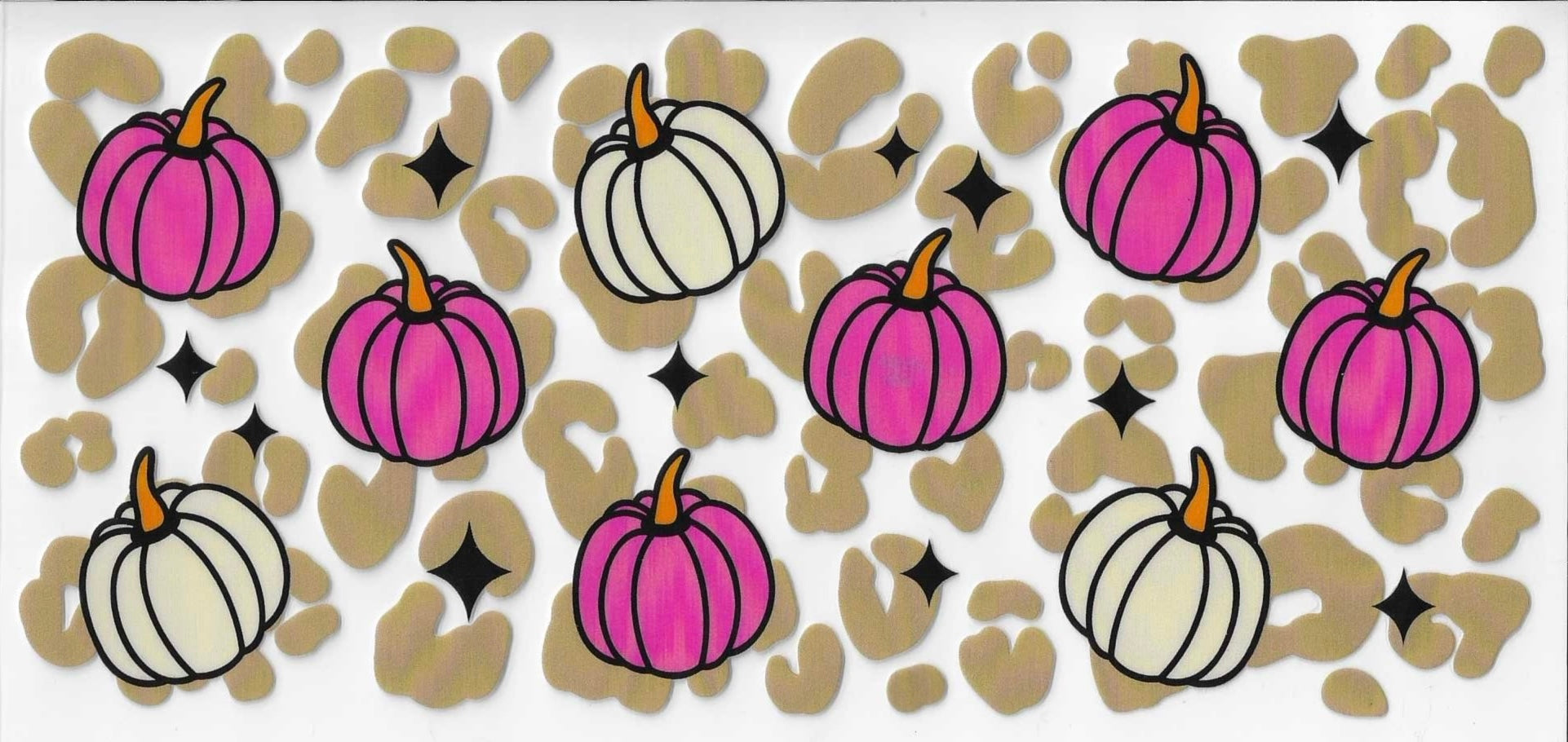 Pattern of pink and white pumpkins on a beige background with black stars.