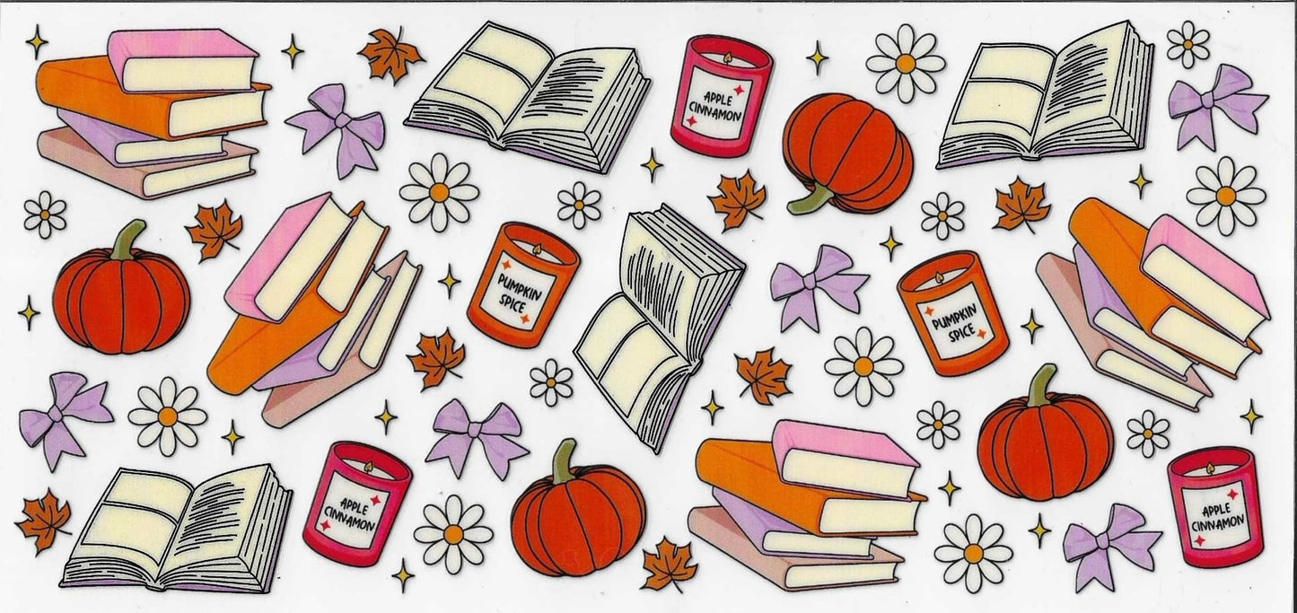 Colorful pattern of books, pumpkins, and candles with decorative elements on a white background.