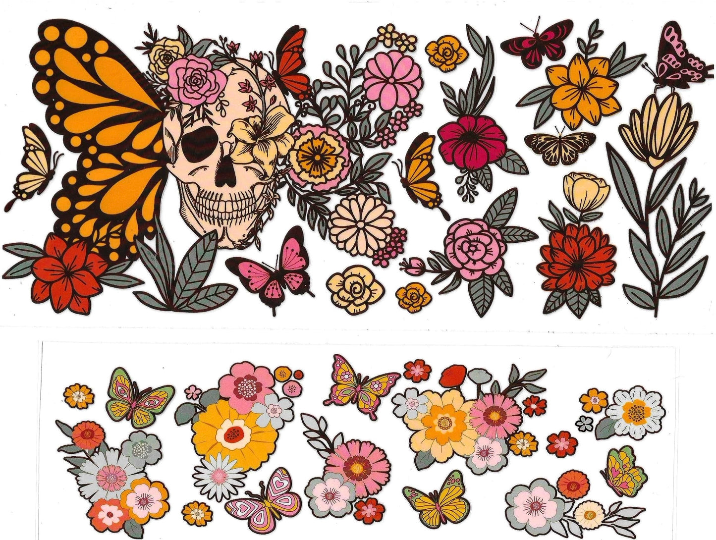 Decorative design with skull, flowers, and butterflies on a white background