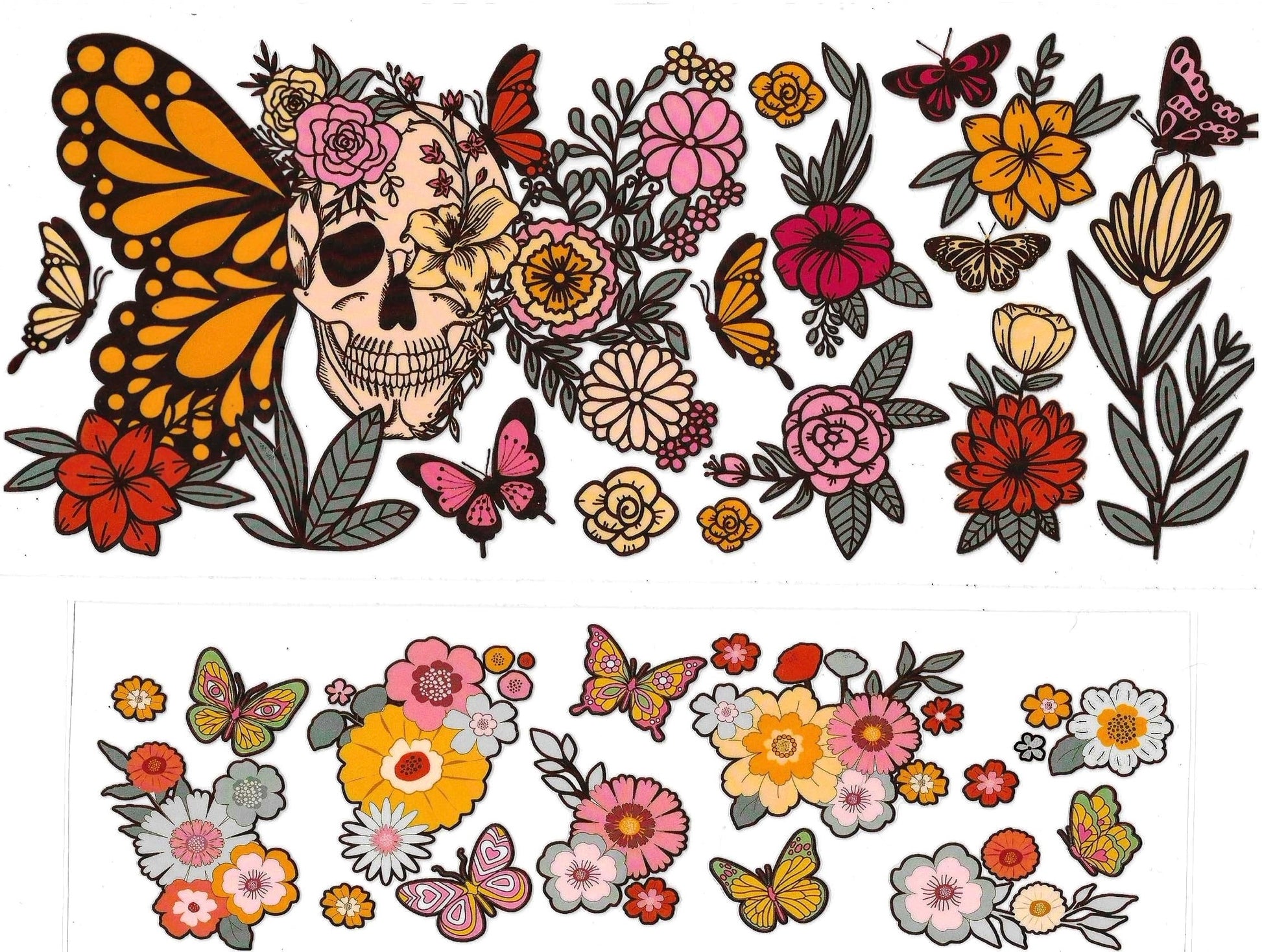 Decorative design with skull, flowers, and butterflies on a white background