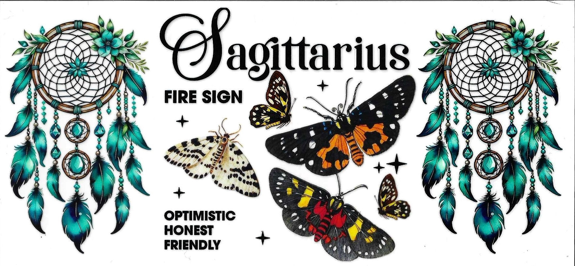 Zodiac sign illustration of Sagittarius with dream catchers and butterflies on a white background.