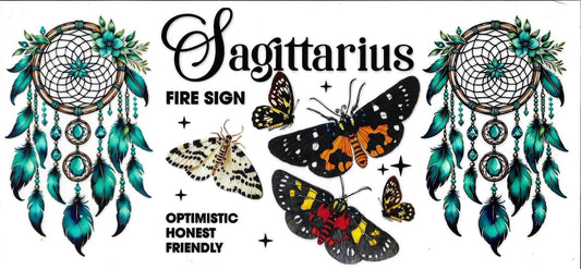 Zodiac sign illustration of Sagittarius with dream catchers and butterflies on a white background.