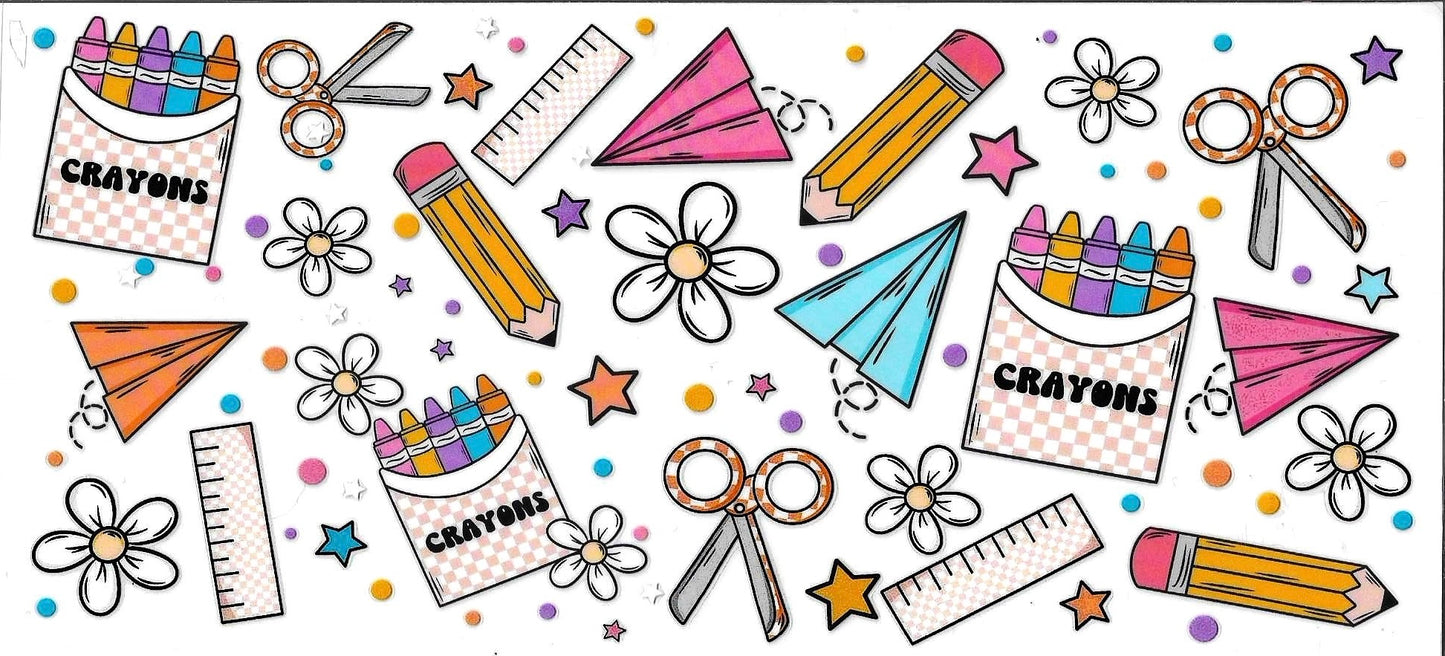 Colorful illustration of school supplies including crayons, pencils, scissors, and flowers on a white background.