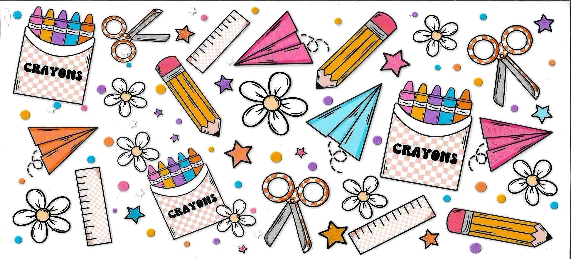 Colorful illustration of school supplies including crayons, pencils, scissors, and flowers on a white background.