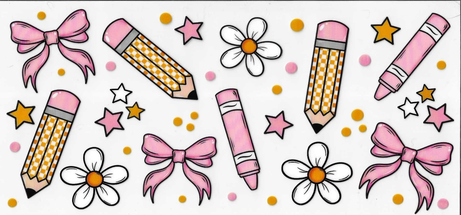 Illustrations of pencils, crayons, bows, and flowers on a white background