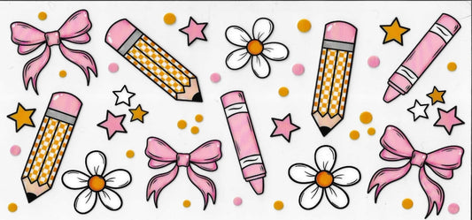 Illustrations of pencils, crayons, bows, and flowers on a white background