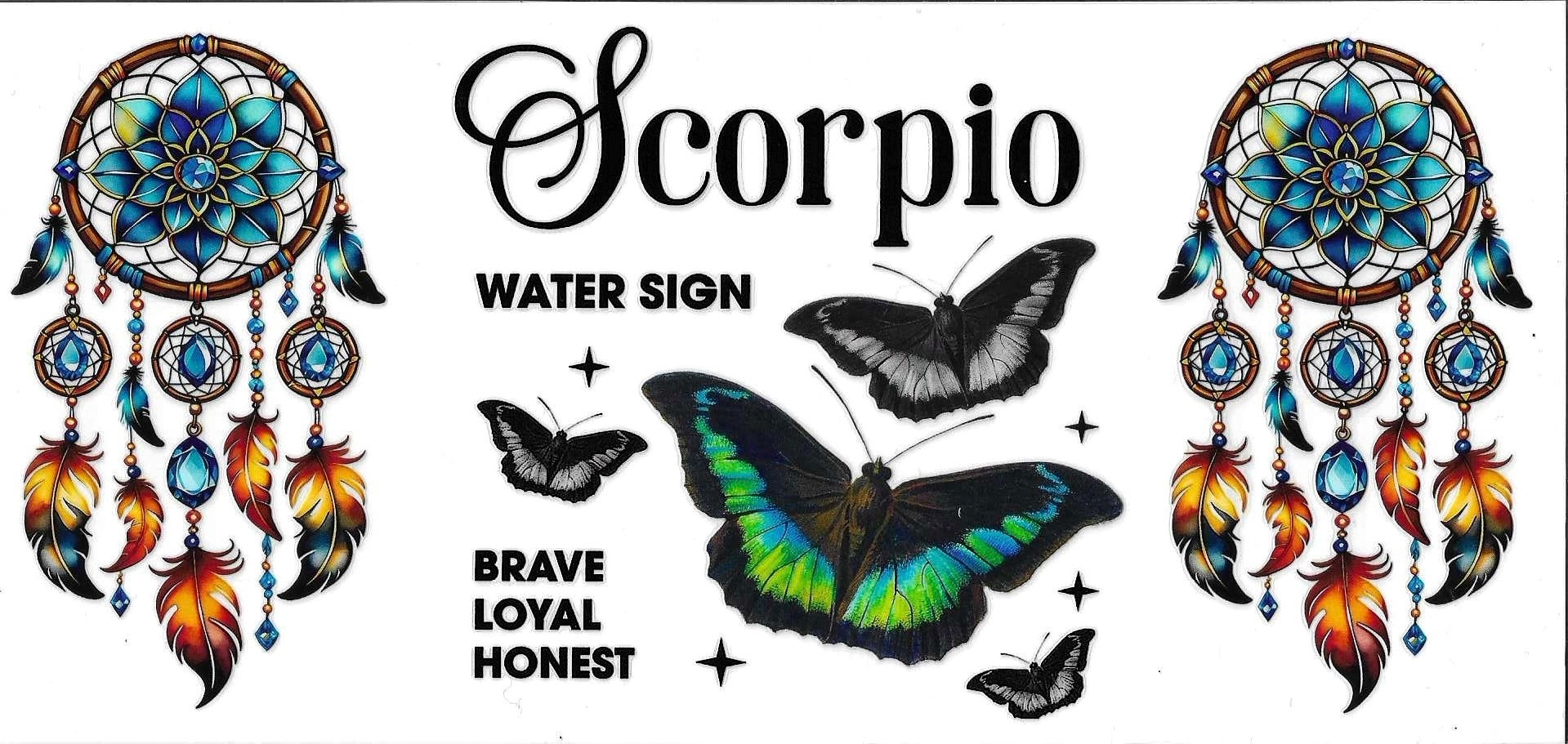 Scorpio zodiac sign illustration with dreamcatchers and butterflies on a white background