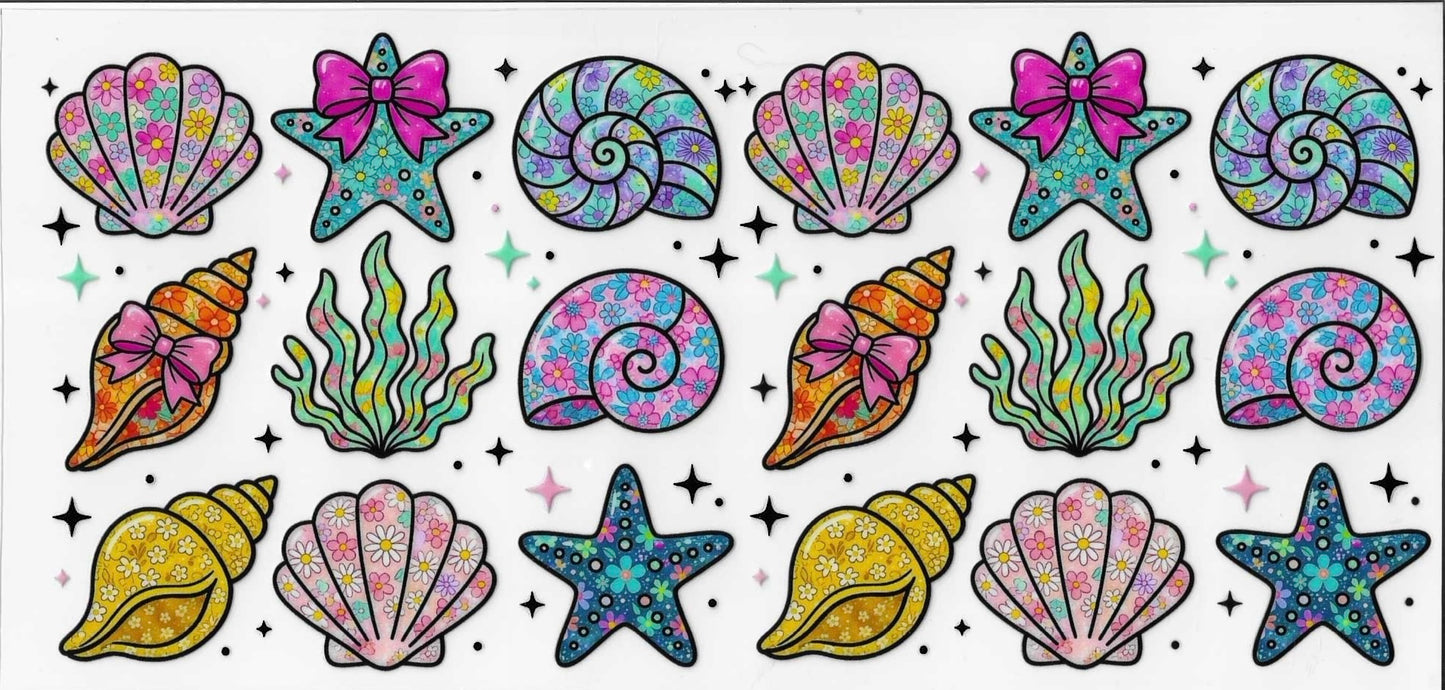 Colorful seashell and starfish designs on a black background