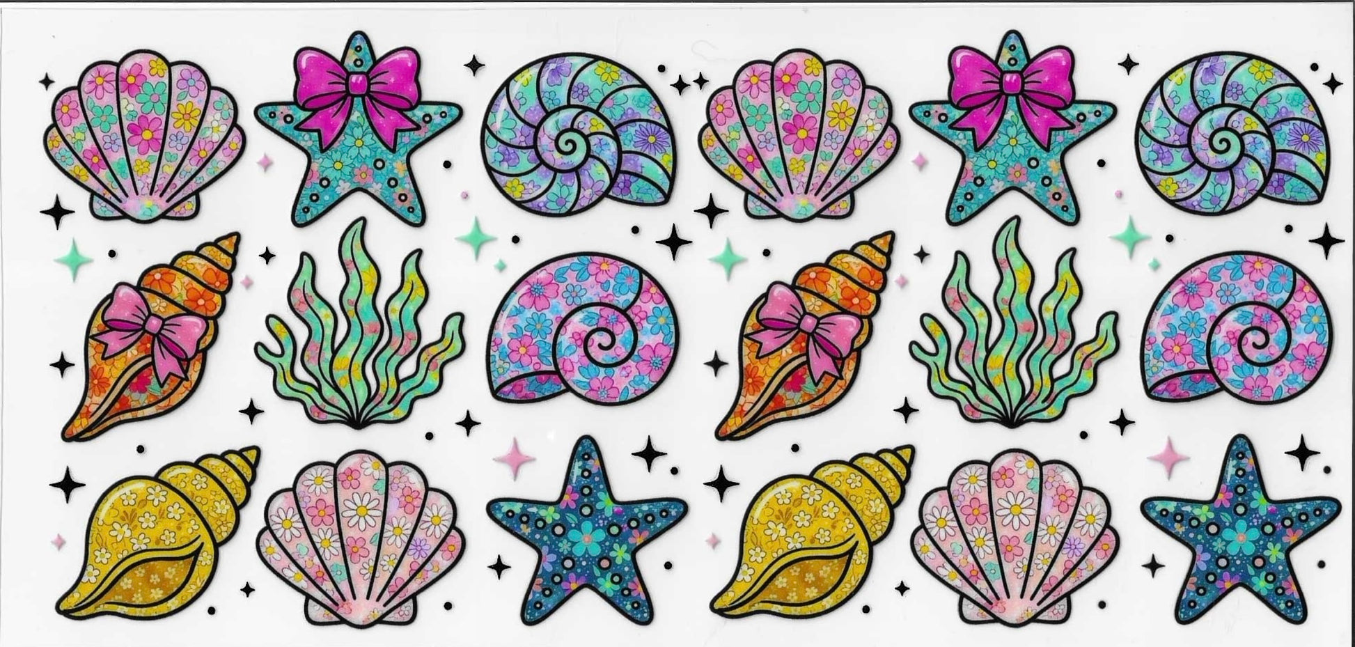 Colorful seashell and starfish designs on a black background