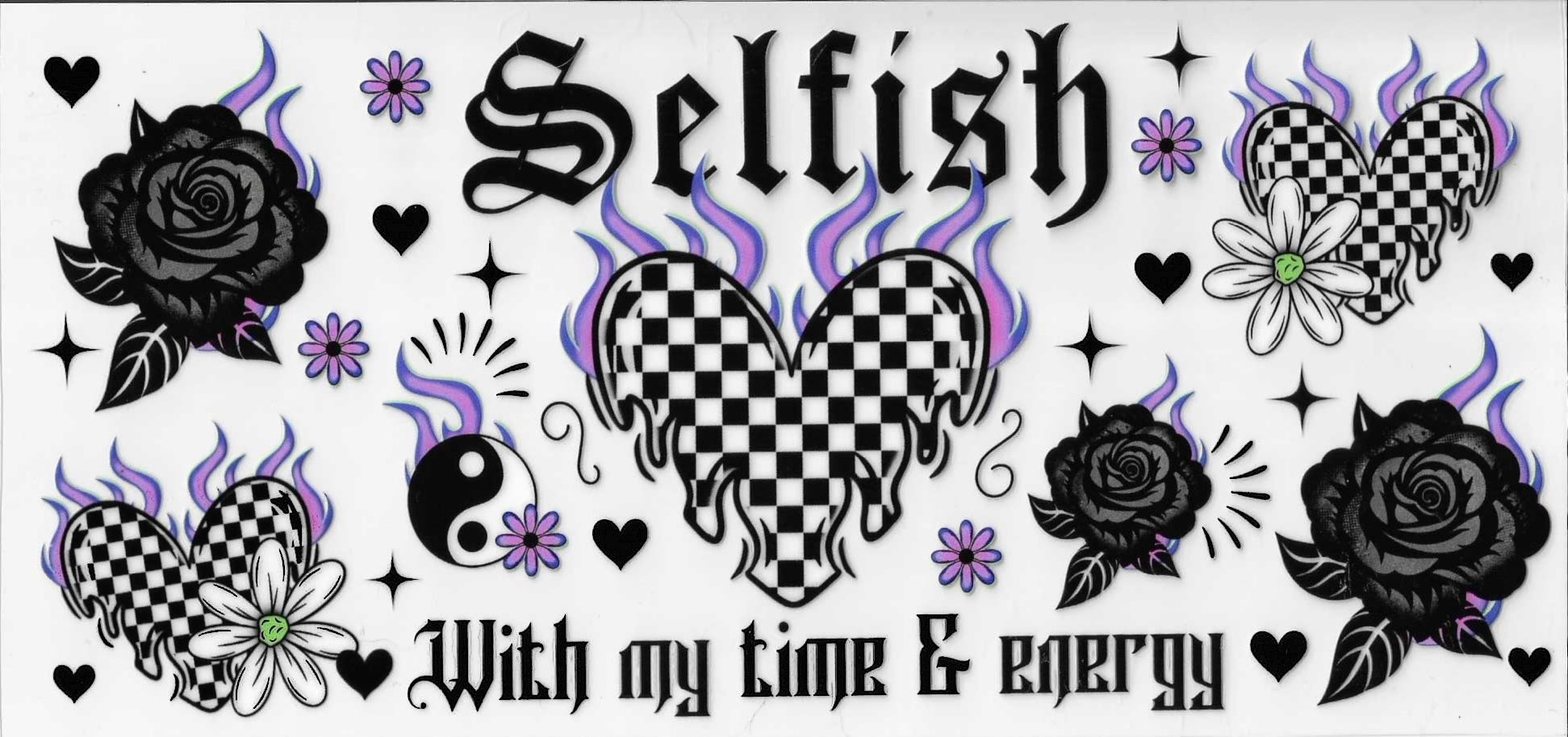 Decorative banner with checkered hearts, roses, and the word 'Selfish' on a white background.